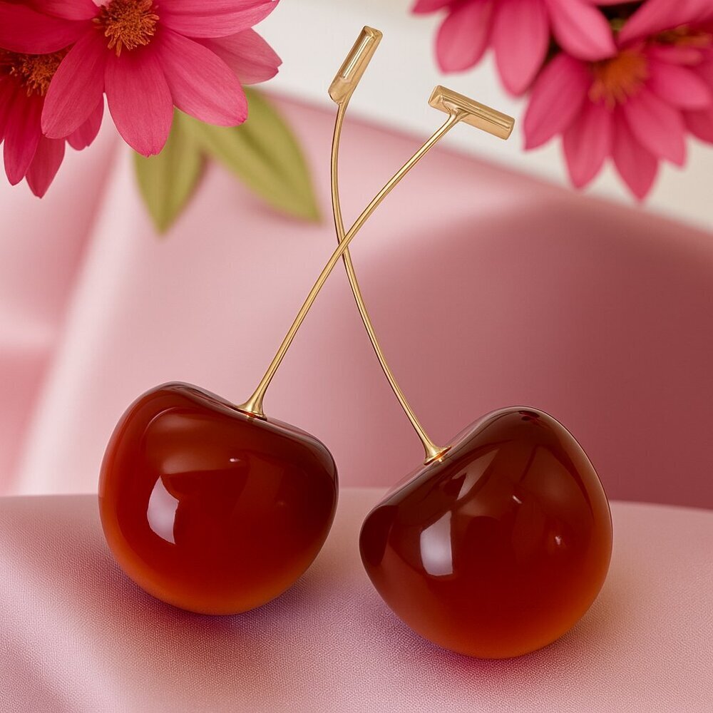 Red Resin Cherry Earrings Coquette Gold Long Stem Realistic Retro Statement 3D